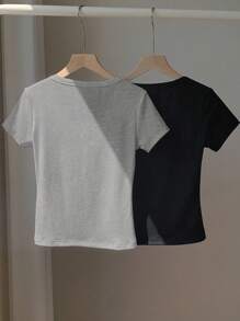 Comfortcana 2pcs/Set Solid Henley Neck Embroidered Slim Fit Short Sleeve T-Shirts, Summer - Grey - View 2