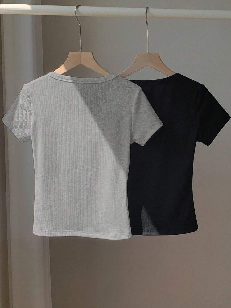 Comfortcana 2 件套纯色亨利领刺绣修身短袖 T 恤，夏季 - 灰色 - 查看 2