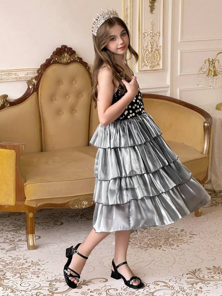 Tween Girls' Sequin Patchwork Strap Fancy Dress For Summer
