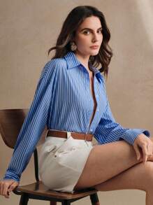 Anewsta Striped Drop Shoulder Long Sleeve Embroidered Giraffe Decor Casual Long Shirt - Blue - View 1