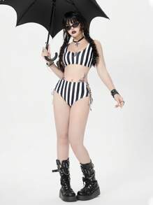 ROMWE Goth 女士条纹性感比基尼套装，万圣节 - 黑與白 - 查看 6