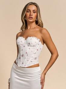 Glamine 女式白色碎花荷叶边饰边系带后背网眼刺绣露肩束身衣抹胸上衣，夏季，女士夏季服装，抹胸，女士束身衣上衣