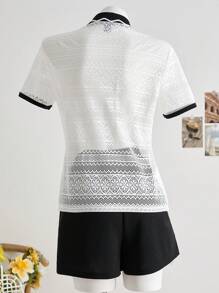 SHEIN LUNE 2pcs/Set Women Color Block Short Sleeve Top And Solid Color Shorts - Black and White - View 2