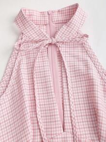 Sweetra Vestido largo elegante de mujer con cuello Mao, sin mangas, decoración de lazo y estampado a cuadros para uso diario