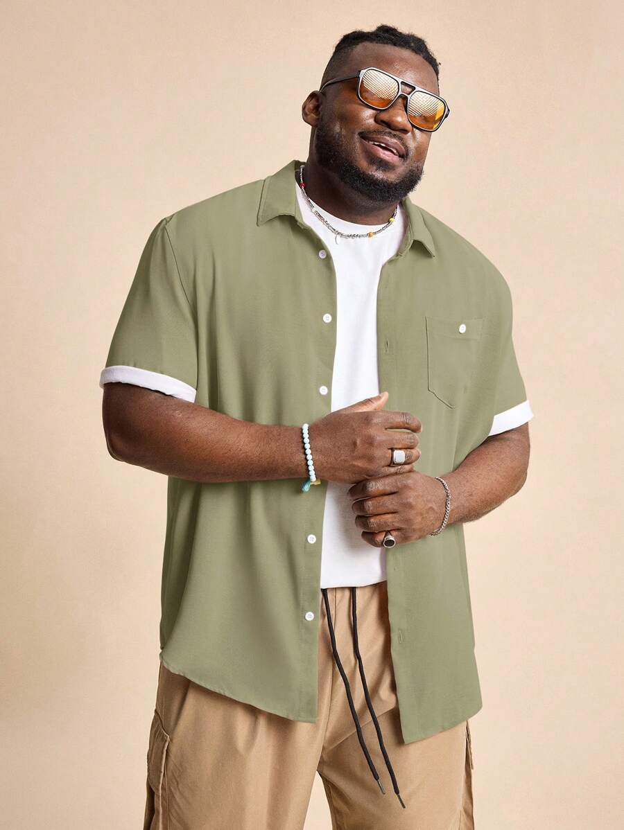 EASEVO 大码休闲短袖梭织衬衫 - 橄欖綠 - 查看 1