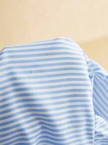 MaterniWear 办公室、商务休闲女士、孕妇条纹蝴蝶结灯笼袖休闲系带衬衫蓝色条纹上衣浅蓝色上衣泡泡袖上衣女士夏季上衣孕妇装上衣系带袖上衣 - 藍色 - 查看 7