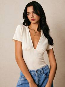 Poéselle Camiseta de manga corta de verano, elegante y entallada, con cuello en V profundo de unicolor para mujer