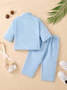 2pcs Baby Boy Spring/Summer Cute Polo Collar Button-Up Shirt Top And Long Pants Set, Casual Daily Outfit, Mommy And Me Matching (3 Sets Sold Separately) - Blue - View 2