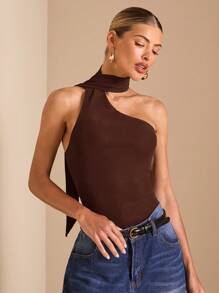 SHEIN BAE 纯黑色优雅斜领紧身褶皱网眼女式紧身衣、度假紧身衣、音乐节服装、极简紧身衣