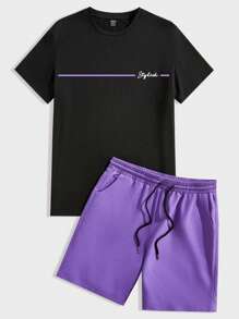 Manfinity Homme 男士夏季休闲圆领短袖字母印花T恤和紫色抽绳腰短裤套装