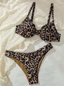 SHEIN Swim Vcay Women's Leopard Print Casual Bikini Set For Summer Beach Vacation - Khaki - View 5