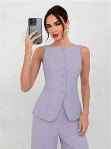 Aloruh 2 件套女士通勤新款仿口袋装饰船领西装背心和西装裤办公室装秋冬女士 - 淡紫色 - 查看 1