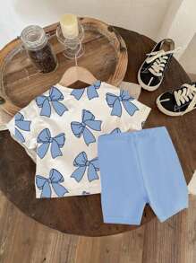 SHEIN Baby Girls' Butterfly Print Round Neck Short Sleeve T-Shirt And Knit Leggings Shorts Cute Set, Blue - Blue - View 2