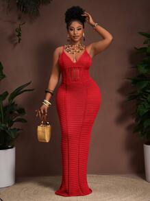 Slaydiva 2025 Spring & Summer New Boho Holiday Casual Party Khaki Knitted Cinched Waist Hollow Sheer Cami Dress, Plus Size Winter Fall Autumn