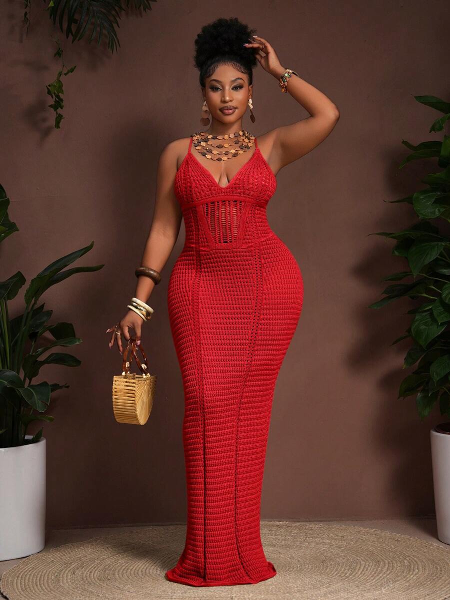 Slaydiva 2025 Spring & Summer New Boho Holiday Casual Party Khaki Knitted Cinched Waist Hollow Sheer Cami Dress, Plus Size Winter Fall Autumn