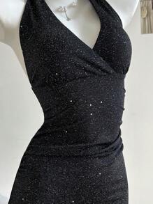 SHEIN Unity 时尚闪光交叉背带挂脖迷你连衣裙 - 黑色 - 查看 3