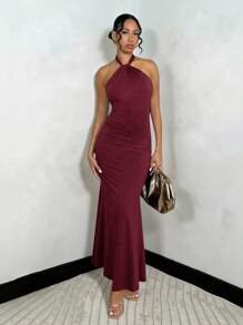 SHEIN Tall Đầm Maxi Bodycon hở lưng màu trơn đơn giản thanh lịch cho nữ, thích hợp mặc hàng ngày - Màu Đỏ Sâu - Xem 4