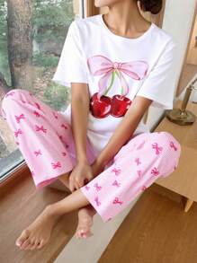 少女休闲时尚碎花圆领短袖上衣搭配宽松条纹蝴蝶结装饰裤两件套睡衣，舒适家居服 - 粉色 - 查看 5
