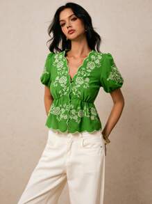 Poéselle Áo kiểu nữ tay ngắn thêu họa tiết phong cách vintage Boho, áo dễ thương, áo thêu, áo sơ mi cài nút, áo dành cho nữ đi nghỉ mát, phong cách cổ điển, phụ nữ thanh lịch, vintage, mùa hè/thu - màu xanh lá - Xem 7