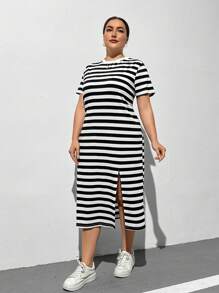 SHEIN Essnce Plus Size Women Spring/Summer Casual Loose Striped Split Hem Short Sleeve T-Shirt Dress