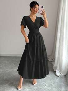 Selianne 2025春夏新品法式收腰高端紫色短袖连衣裙 - 黑色 - 查看 6