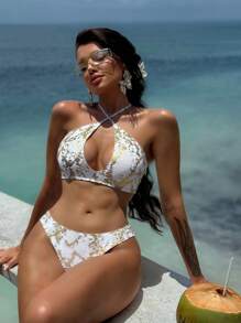 Swim SXY 2pcs Snake Skin Print Sexy Lingerie Women's Strappy Bandage Swimsuit Set, Bikini Top And Bottom For Summer Beach Vacation - Multicolor - View 1