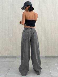 EURMUSE Quần Jeans Ống Rộng Lưng Thấp Có Túi Buộc Dây Cho Nữ Kiểu Dáng Thường Ngày Đa Năng - Màu xanh lam - Xem 3