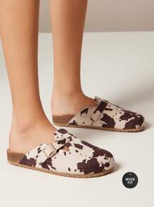 SHUZIA 女式宽版牛纹圆头软木鞋床拖鞋，带可调节扣