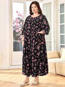 SHEIN Lacomfia Women's Loose Ruffle Pocket Ditsy Floral Casual Midi Dress, Romantic Elegant Comfortable, Suitable For Plus Size, Daily Wear