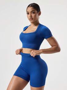 Seamluxe SHEIN Sport 2 pezzi Set di abbigliamento sportivo di base in tessuto che assorbe l'umidità, a costine, con scollo a equipaggio, adatto per fitness e allenamento yoga, colore blu navy, per donne