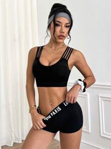 Easithlete Women's Black Mesh Sports Bra Crop Top With Multi-Strap Design. This Breathable Athletic Activewear Offers 4-Way Stretch For Yoga, Gym Workouts, And Daily Fitness. - Black - View 3