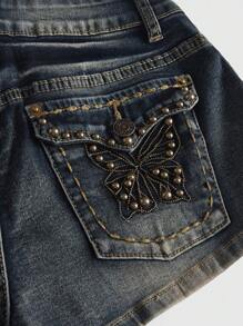 ROMWE Fairycore Women's Vintage Y2K Ultra Super Low Waist Super Short Distressed Wash Pocket Butterfly Pattern Rivet Denim Shorts - Blue - View 3