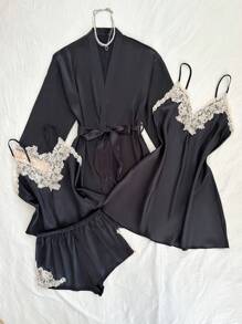 SHEIN 4pcs Set: Color Blocking Ruffled Trim Black Satin Camisole, Shorts, Skirt, And Robe - Black - View 3