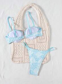 Swim Mod 2 Stücke Damen Sommer Jacquard Stoff SpaghettiTräger Push-Up Schleifen Plissee Rand Crop Top & String Bikini Set, Sexy