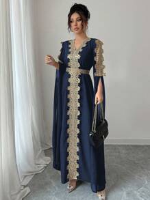 Rafferiza Patchwork Extra Long Sleeve Abaya Robe, Women Middle East Style Solid Color Lace Hem Long Dress Fall Cloth For Women - Navy Blue - View 5