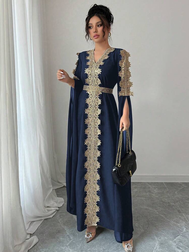 Rafferiza Patchwork Extra Long Sleeve Abaya Robe, Women Middle East Style Solid Color Lace Hem Long Dress Fall Cloth For Women - Navy Blue - View 5