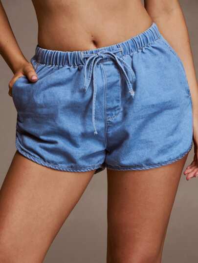 SHEIN Forever 21 全新夏季女式松紧腰抽绳牛仔短裤，低腰舒适休闲度假短裤