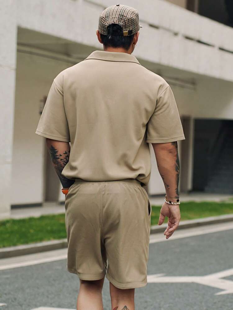 Summer Solid Color Golf Polo Collar Green T-Shirt Set For Men