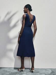 Lumivelle Summer Metal Ring Decor Waist Ruched Sleeveless Dress - Navy Blue - View 2