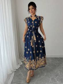 Elenzga Rochie de damă cu imprimeu floral, decolteu crăpat, volane, cu curea, stil de vacanță, vară