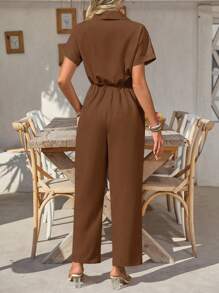 SHEIN Clasi 女式纯色短袖实用口袋休闲连体裤 - 棕色 - 查看 2