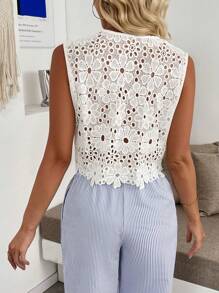 Breezaya 女士蕾丝镂空刺绣无袖优雅迷人背心 - 白色 - 查看 2