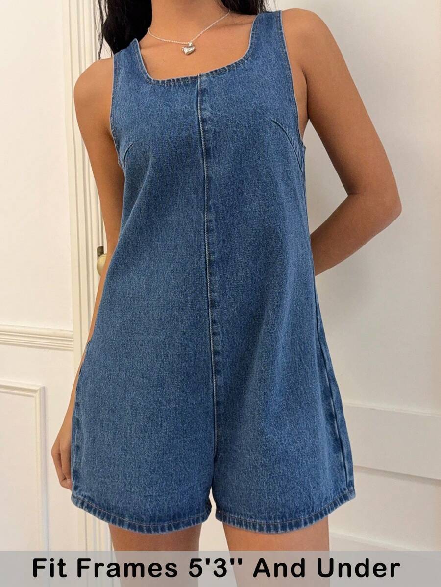 SHEIN PETITE Women's Blue Denim Overalls And Jumpsuits Backless Bow Casual Jumpsuit Outfit Summer Outfits - Light Wash - View 1
