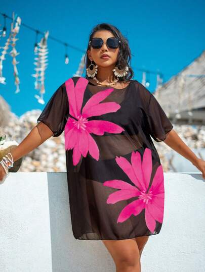 Swim Lushoire Cubre-todo suelto con estampado de malla de manga corta para mujer de talla grande para la playa