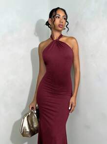 SHEIN Tall Đầm Maxi Bodycon hở lưng màu trơn đơn giản thanh lịch cho nữ, thích hợp mặc hàng ngày - Màu Đỏ Sâu - Xem 3