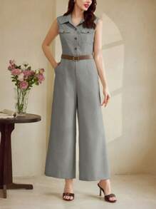 Vintamour Bộ đồ liền thân thanh lịch cổ điển dành cho quý cô, bộ đồ liền thân bó sát mùa xuân/hè có túi, cổ áo, thắt lưng màu kaki nhạt, không tay - Xám - Xem 3