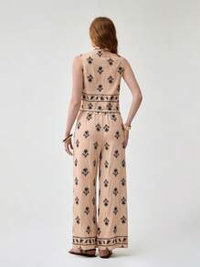 Florisole 女式波西米亚风格刺绣度假无袖上衣和高腰流苏系带阔腿裤套装，春夏 - 卡其色 - 查看 3