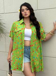 Flirla Plus Size Women's Tropical Print Green Flap Detail Short Sleeve Button Up Shirt - Green - View 5