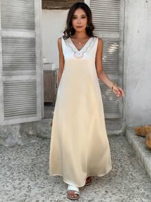 DAZY 奢华V领水钻装饰休闲连衣裙，宽松显瘦独特设计，高端女士风格连衣裙 - 香檳色 - 查看 4