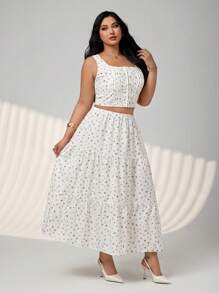 SHEIN ICON Plus Size Square Neck Button Front Ditsy Floral Vest Top And Flared Hem Floral Skirt 2 Pieces Set, Summer - Multicolor - View 6